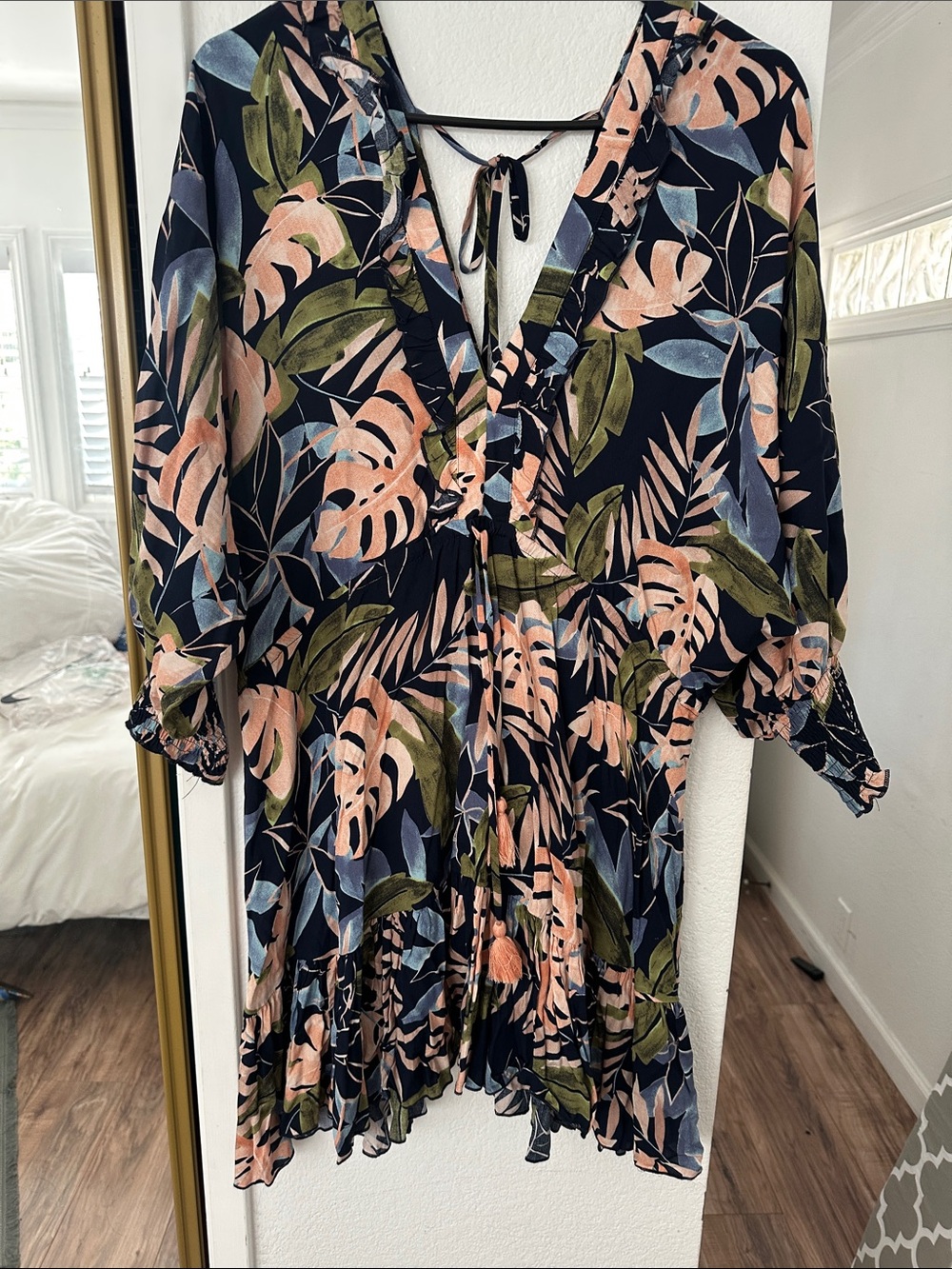 Aakaa Navy Tropical Print Mini Dress with Pink & Olive Leaves